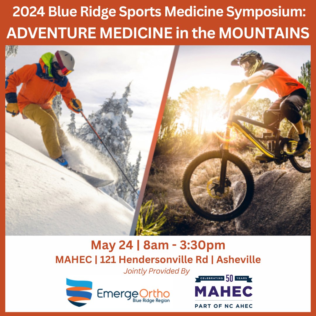 Register now for the 5th Annual Blue Ridge Sports Medicine Symposium, an interprofessional learning event addressing adventure sports in the mountains, including cycling, climbing, running, snow sports & more, held in partnership with @emergeortho. ow.ly/vCQI50R5Je8