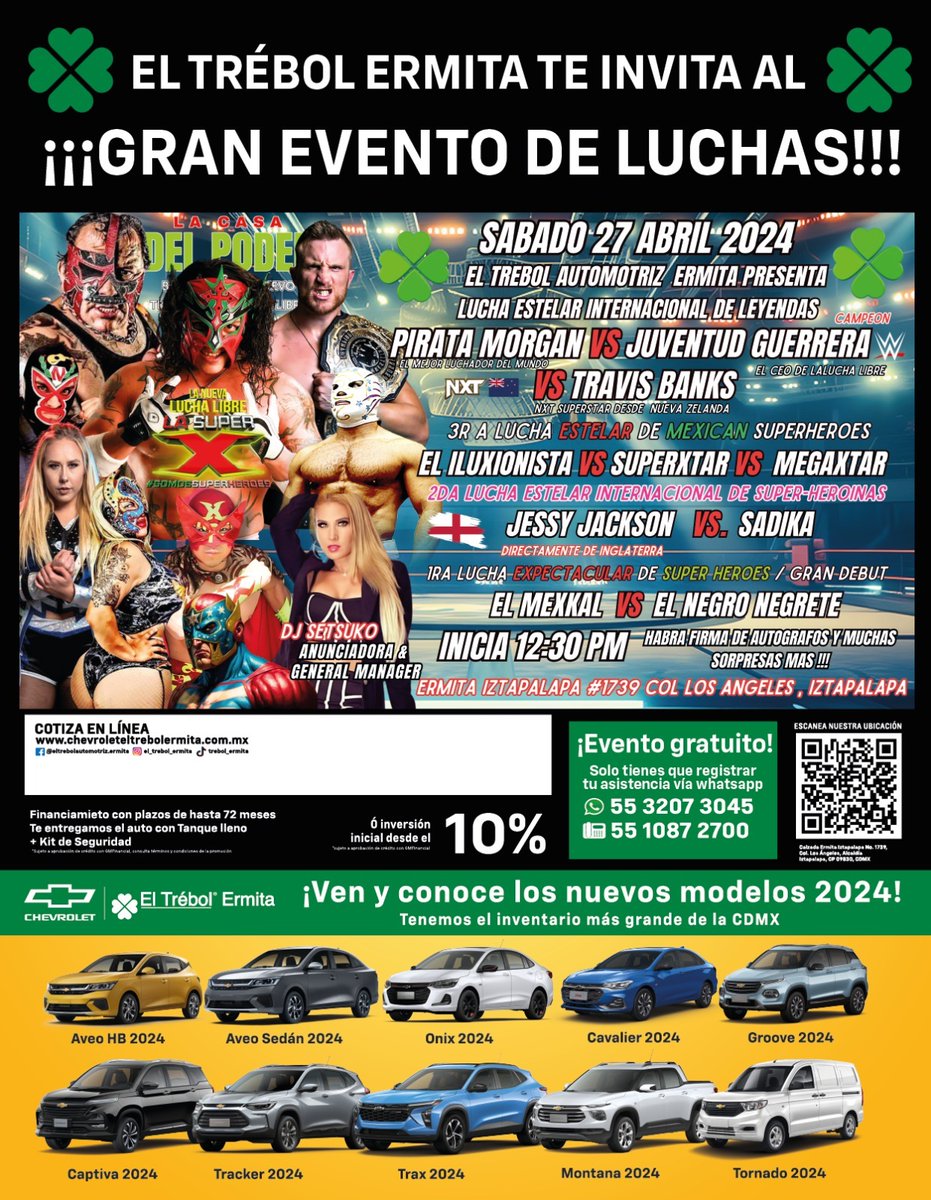 🔴@LASUPERX1 !!!🔥en🍀 ElTrebol Automotriz Ermita 🚘🥳💯🎟️Primera Parada Rumbo a #LUCHAMANIA 1 RESERVA👇TU ASISTENCIA👇 en este Link : facebook.com/share/sHMiTQoB… 🏛️ Ermita Iztapalapa #1739 Col.Los Angeles☀️12:30 PM💥Entrada Gratuita!!!🎉 📌SABADO 27 ABRIL '24 ☀️12:30pm #LuchaLibre