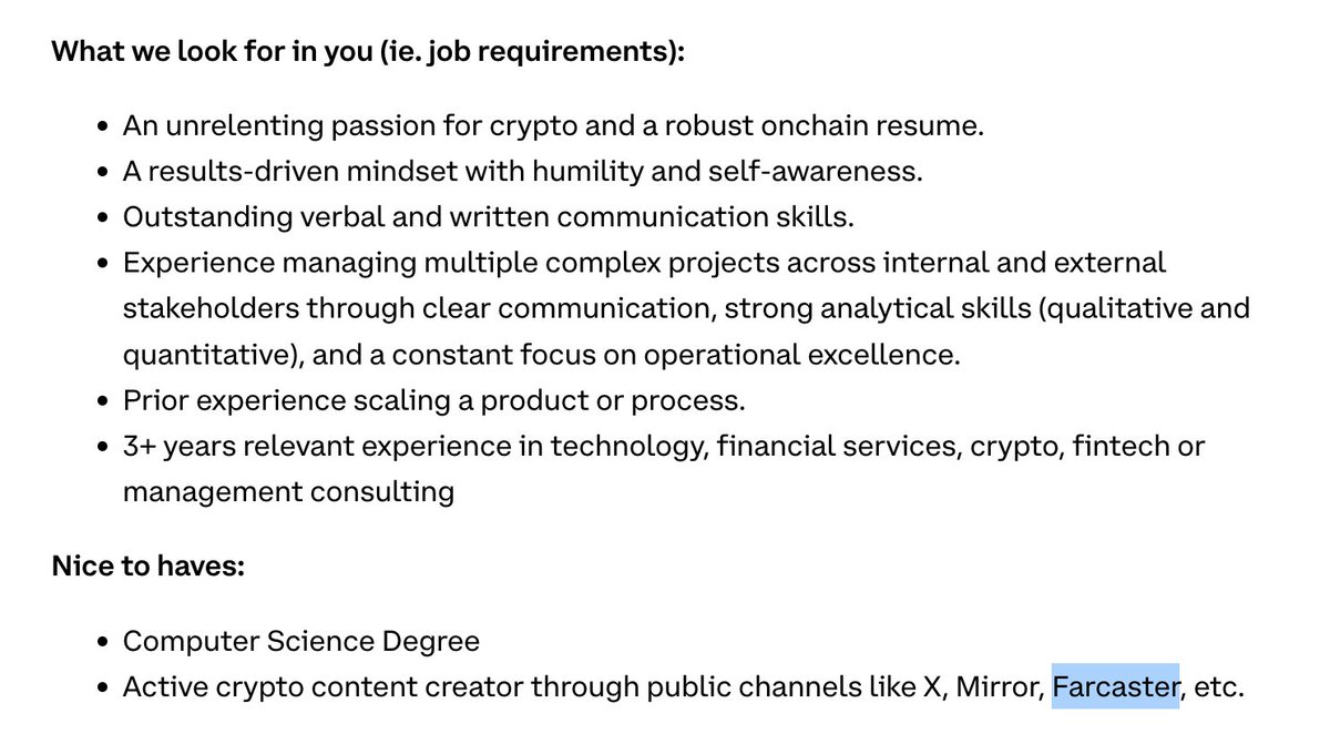 I might be the first Hiring Manager at Coinbase who's made being a Farcaster contributor a bonus in our screening process. coinbase.com/careers/positi… Why? High signal