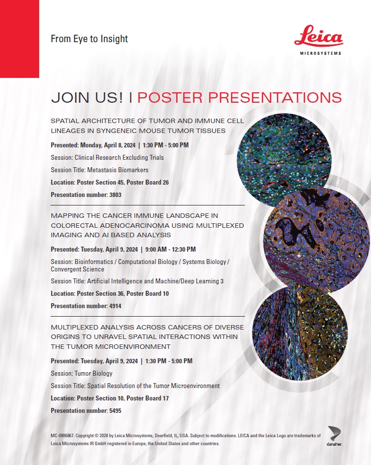 👋🏼 Going to #AACR2024? Me too! Stop by @LeicaMicro Booth #1910 to check out our #SpatialBiology solutions, including the Cell DIVE Multiplex Imager, LMD7 Laser Microdissection, & Aivia AI-powered image analysis software. 🔬 💥 We'll also be presenting 3 posters! @CellSignal