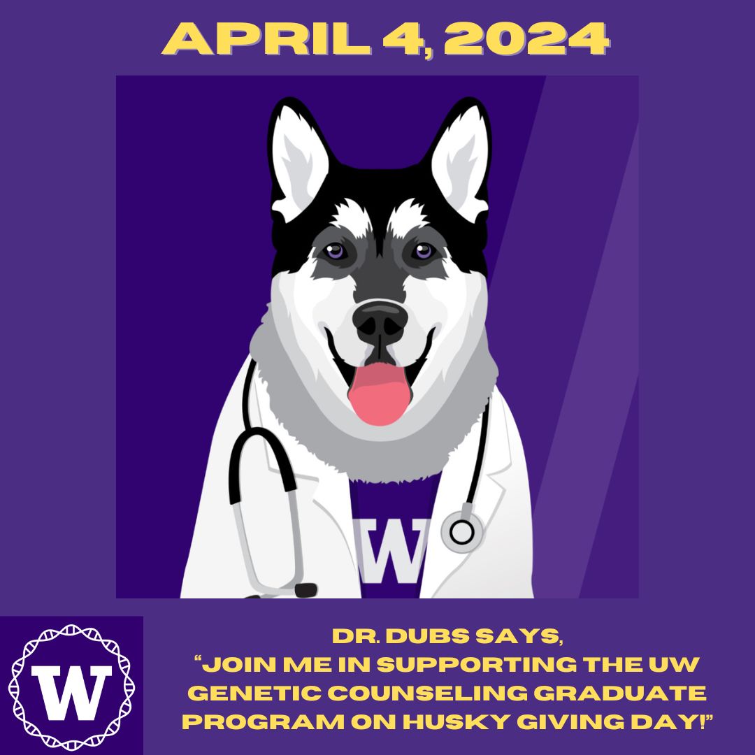 Tomorrow is #HuskyGivingDay! Support students studying for their MS in Genetic Counseling at @UWMedicine. Join our $40 for 40 Match Challenge set up by GCGP Program Director Robin Bennett & her husband Scott MacDonald. 🧬Help us get to 40 or more donors! genetic-counseling-masters.uw.edu/news/husky-giv…