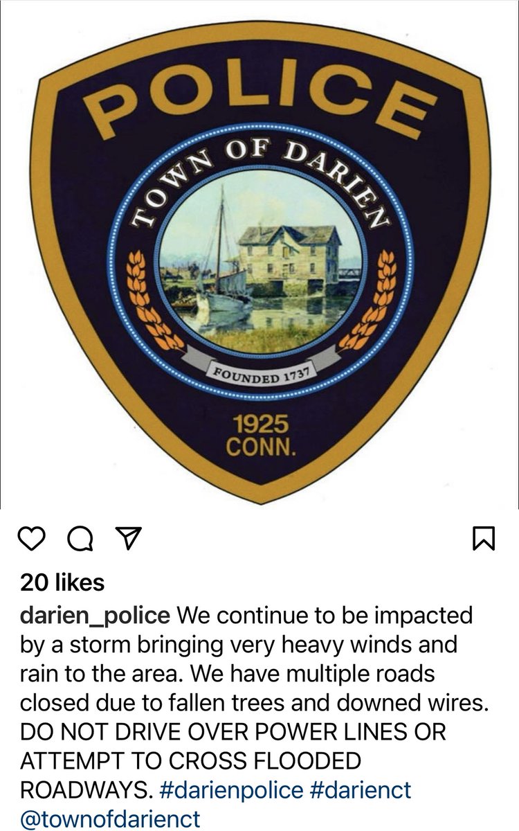 The current storm is bringing heavy wind &amp; rain to the area. There are multiple roads closed due to fallen trees and downed wires. DO NOT DRIVE OVER DOWNED WIRES OR DRIVE THROUGH FLOODED AREAS. @darienpolice <a href="/TheHeightsFD/">Noroton Heights Fire Dept</a> <a href="/DarienFire/">Darien Fire Rescue</a>