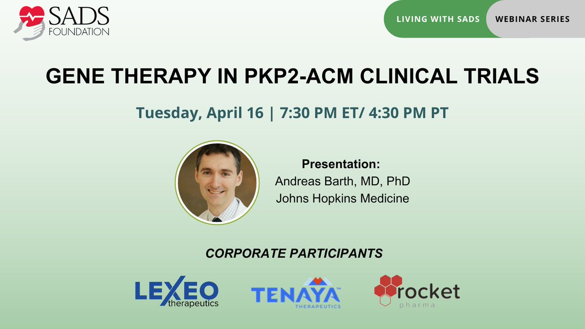 During our upcoming webinar, you'll have an opportunity to ask about PKP2-#ACM (or #ARVC) clinical trials. PKP2 is a particular genetic variant of ACM, for which three companies are currently enrolling for clinical trials. Register & learn more at sads.org/what-now/livin….