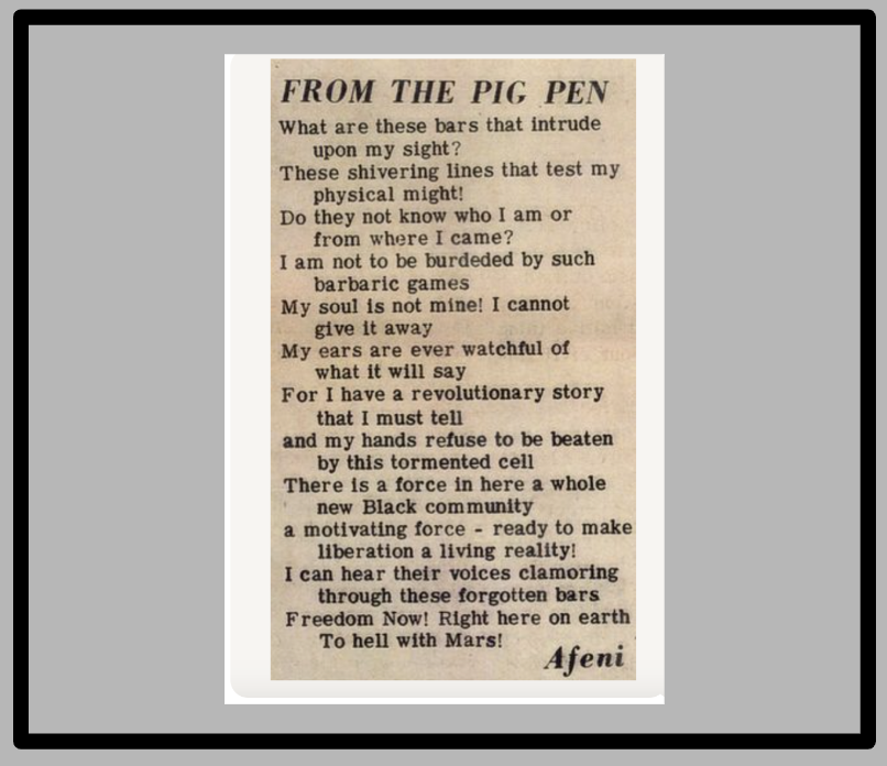 FROM THE PIG PEN: One of the poems Afeni wrote from her cell, while defending herself in the Panther 21 trial. #nationalpoetrymonth