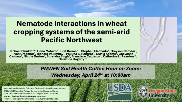 We're excited for another great Soil Health Coffee Hour on Zoom the last Wednesday in April - Nematodes, cover cropping, and dryland wheat -oh my! Don't miss this one with @RachPlunkett and @C_HHagerty Sign up now for April 24th at 10:00 on Zoom forms.gle/3Bi3FKxvynKjQQ…