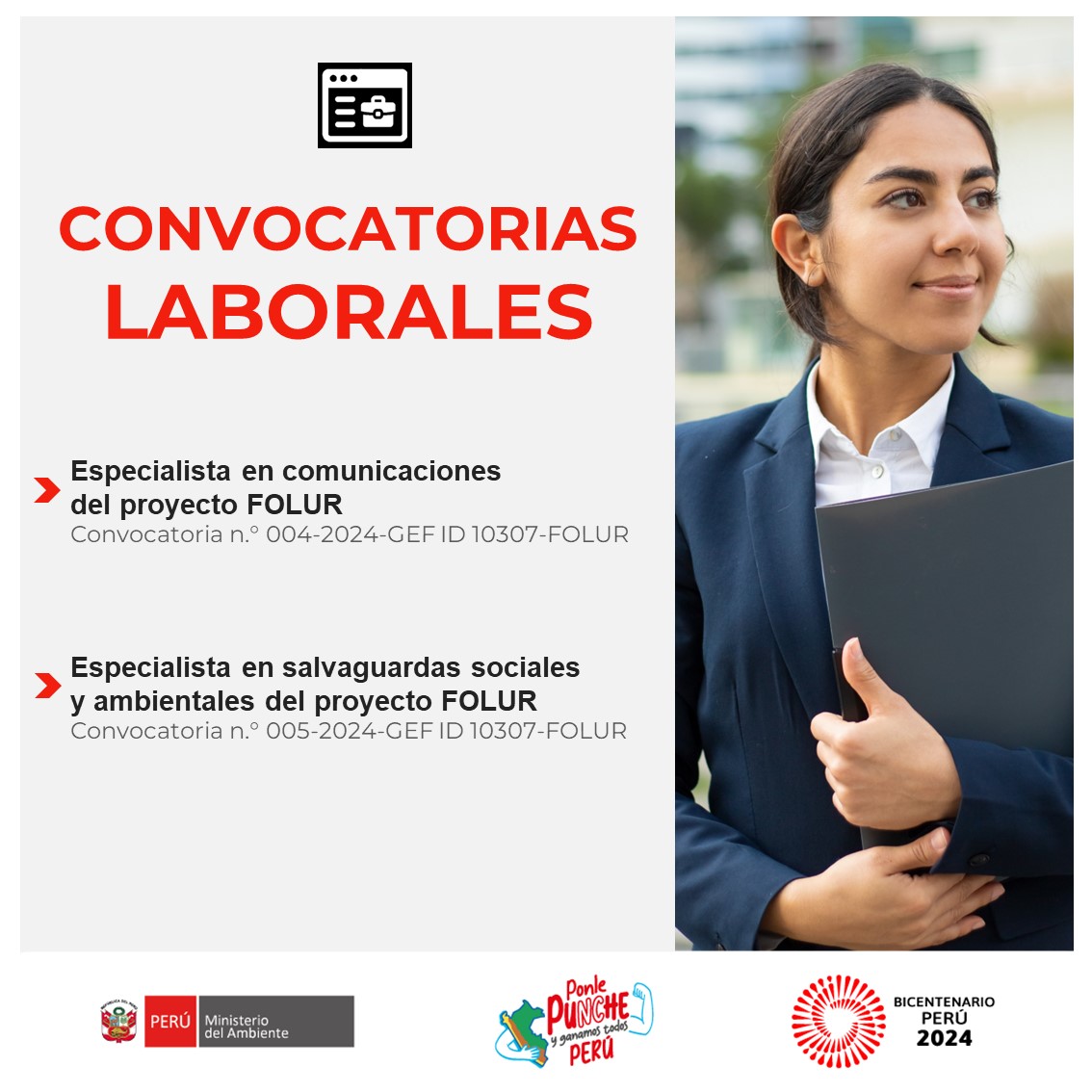 MinamPeru's tweet image. Súmate al equipo del #MINAM, postula a las siguientes #ConvocatoriasMinam. 
📲 Bases
➡️ Convocatoria n.° 004-2024-GEF ID 10307-FOLUR: minam.gob.pe/convocatorias/…
➡️ Convocatoria n.° 005-2024-GEF ID 10307-FOLUR: minam.gob.pe/convocatorias/… 
✅ Consultas👉 folurgef@minam.gob.pe