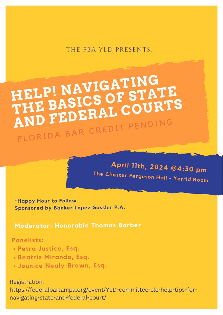 Join the YLD on April 11, 2024, at 4:30pm for a panel discussion tailored to assist young lawyers in understanding the day-to-day differences between state and federal courts!