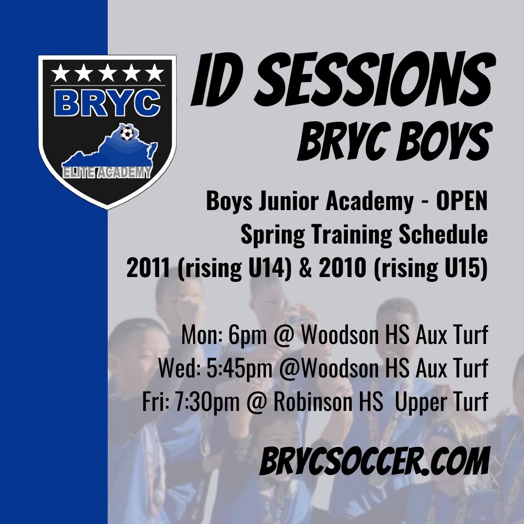 ID Sessions are happening this spring for BRYC Boys. Check out the training dates and times to join the team. #BRYC #BleedBlue
