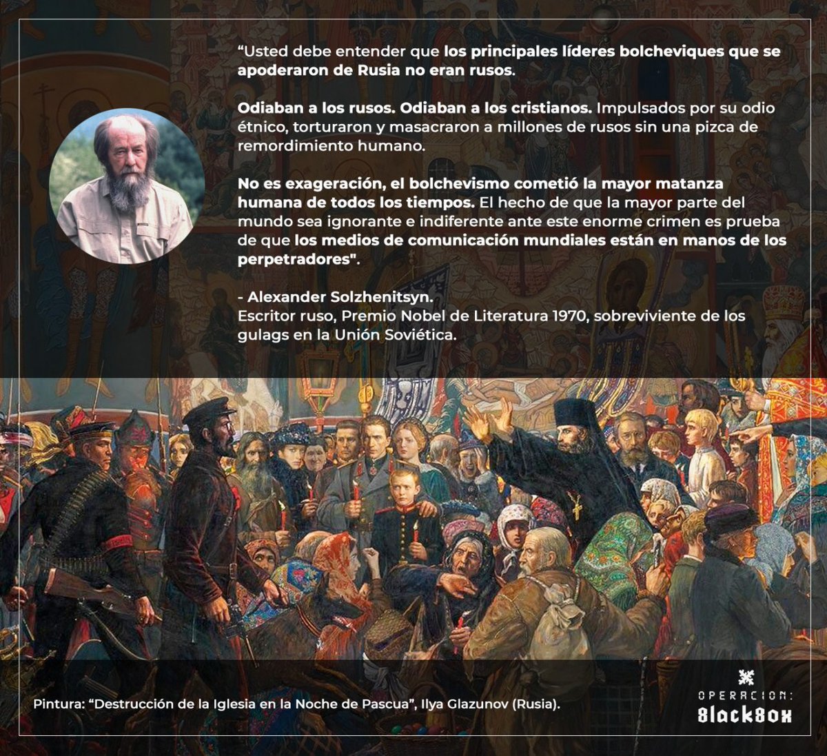 OpBlackbox's tweet photo. 📖#AlexanderSolzhenitsyn, escritor ruso y Premio Nobel de Literatura que padeció censura y confinamiento en los gulags de Siberia durante el régimen soviético, dejó para la historia el testimonio más crudo de lo sucedido durante la toma de poder judeobolchevique en Rusia. https://t.co/cUmhpoZxpF