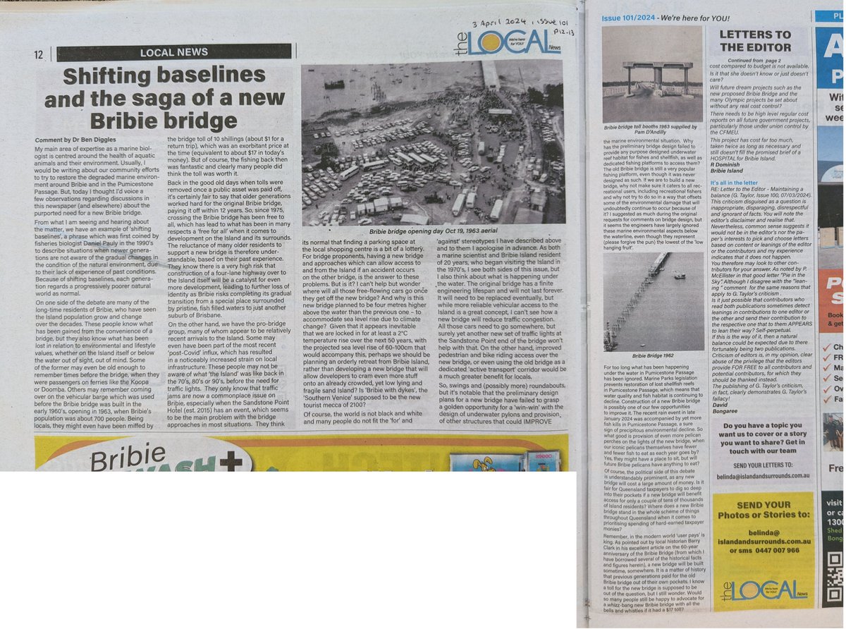 My contribution in the local paper to try to provide balance and perspective to my local community's discussions about calls to build a new bridge to Bribie Island. Increased awareness of rapidly shifting baselines is needed.