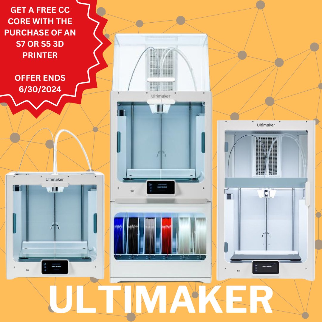 MatterHackers's tweet photo. Upgrade your 3D printing setup with Ultimaker! Buy an #Ultimaker #S5, #S5ProBundle, or #S7 and get a FREE #CCCore. Perfect for those ready to push their prints further. Precision, versatility, &amp; now, more value - Offer ends 6/30/2024!

https://t.co/Bbdn1aSyM4

#MatterHackers https://t.co/U6YJLprhGC