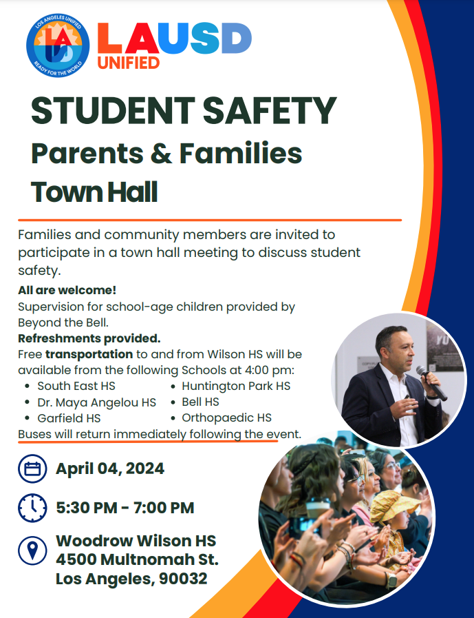 EastLANetwork's tweet photo. A student safety meeting is going to be held at Woodrow Wilson HS tomorrow at 5:30pm! All families are welcome! https://t.co/dNAHic2eM1