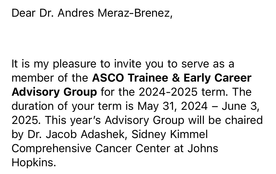 Exciting news! I’ll be joining the @ASCO Trainee and Early Career Advisory Group I’m honored for the opportunity to represent fellow trainees and amplify their voices 🙂