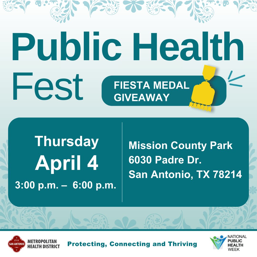 🎉 Join us tomorrow, April 4th, at Mission County Park (6030 Padre Dr.) from 3 p.m. to 6 p.m. for the Public Health Fest! 🌟 Enjoy live music, complimentary food tastings, and get your hands on some Fiesta medals! 💃 sa.gov/nphw #PublicHealthFest #NPHW