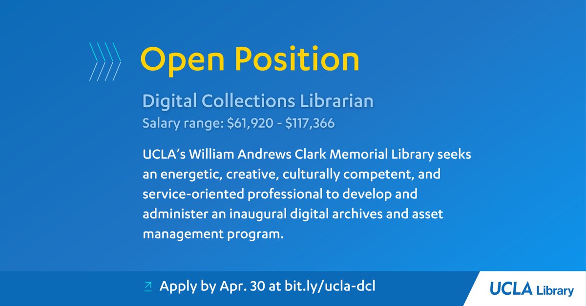 UCLA’s William Andrews Clark Memorial Library seeks a Digital Collection Librarian to steward the digital archives and advocate effectively for the use of digital collections. Salary range: $61,920 - $117,366. Learn more and apply ➡️ bit.ly/ucla-dcl