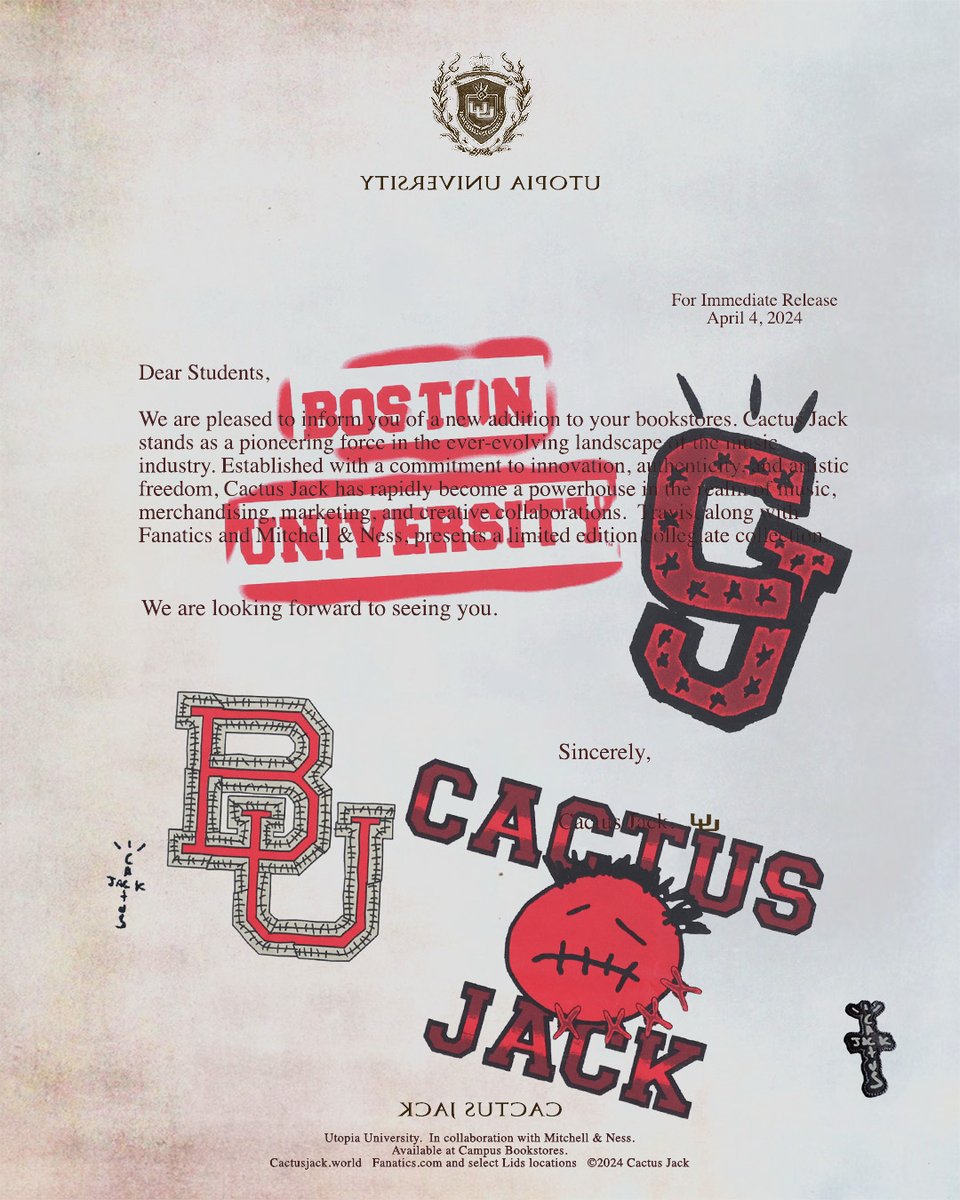 You've been accepted to Utopia University. Classes start at 10am at Barnes &amp; Noble at BU. Course materials include an exclusive collection with Cactus Jack 🌵  #JACKGOESBACKTOCOLLEGE