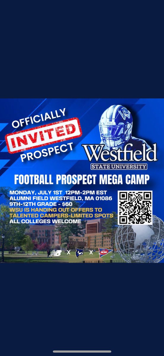 I am blessed and thankful to receive a camp invite from Westfield state football @CoachKMelanson @Cedric_stevens5