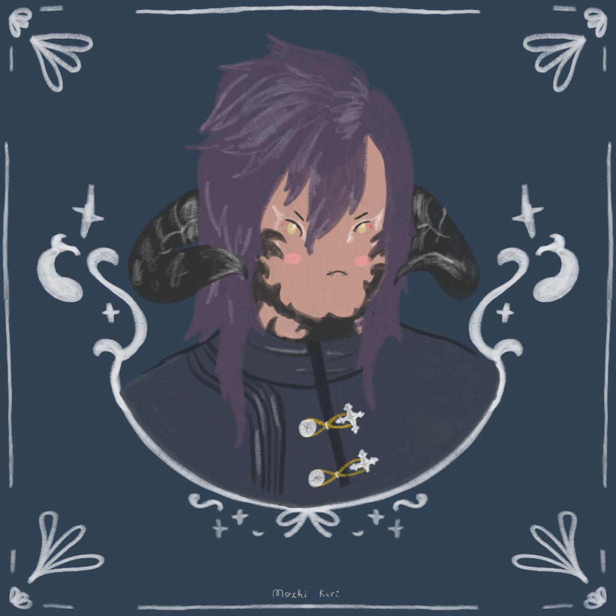 solo long hair 1boy yellow eyes purple hair male focus horns  illustration images