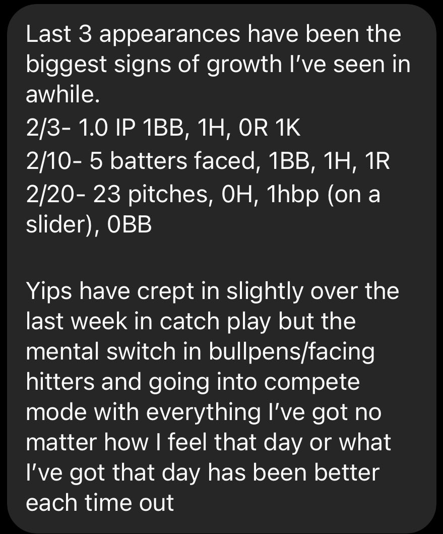 The next “huge untapped advantage” is the pitching coach who doubles as the therapist/mental skills coach. Teams lose arms every year to performance anxiety issues. So few resources out there for amateur athletes. Coaches are required to wear more hats than ever before.