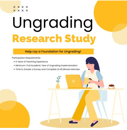 Looking for five more #ungraders to help with this study! Are you a secondary teacher in a public US school that has ungraded for at least one full school year? If so, you can participate in research about #ungrading! Begin the initial survey here: docs.google.com/forms/d/e/1FAI…