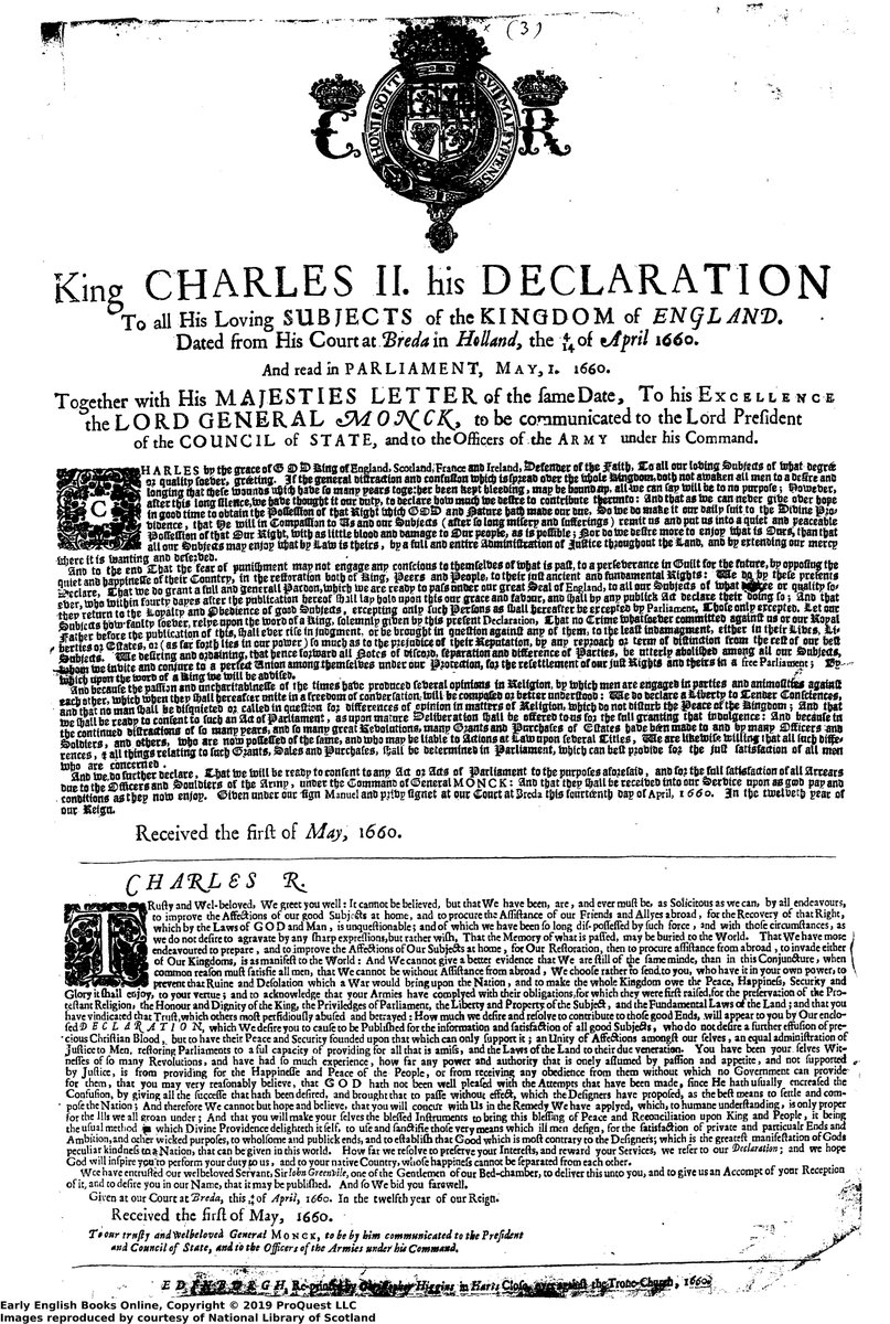 Charles II's Declaration of Breda was dated 4/14 April, 1660. It promised everything to everyone--a fair assessment? Image: EEBO #Restoration #AllFriendsAgain