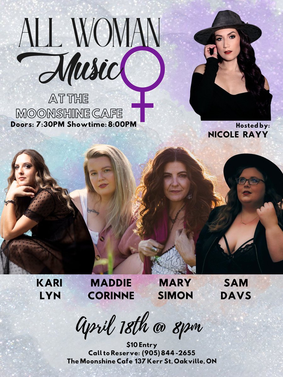 👭 SHOW ANNOUNCEMENT 👭 Join me for 🎤 All Woman Music at The Moonshine Cafe ! 🌙 🗓 Thursday, April 18th 📍137 Kerr Street Oakville 🚪Doors at 7:30pm 🎵 Show starts at 8pm! ☎️ Call or email to reserve your table 💲10 cover Scroll ⬇️ to see this month's kickass lineup! ♀️