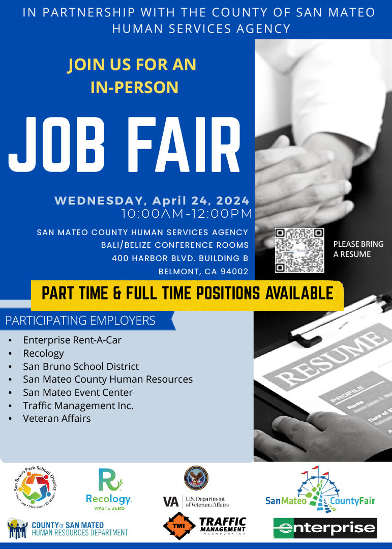 Join us on Wed, April 24 10AM – 12PM for a recruitment @sanmateoco event - 400 Harbor Blvd Bldg. B, Belmont. This Job Fair will bring together companies from various employment industries including food services, office administration, transportation and more. #WeAreHiring