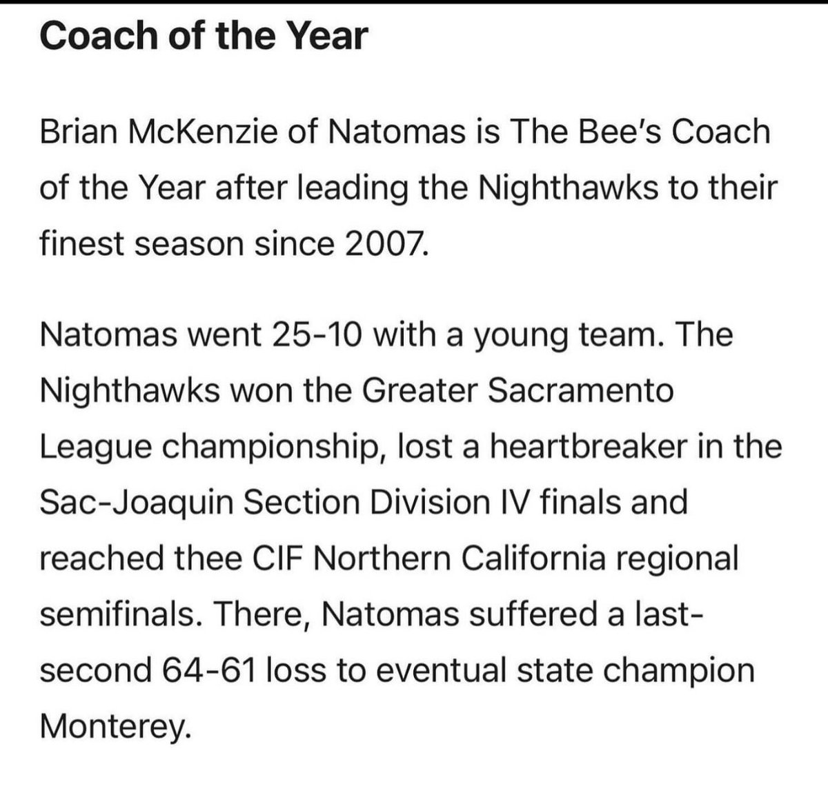 We got some awards to be giving out to a couple of Nighthawks. We will first start with the Sac Bee Coach of the Year awarded to our very own Brian McKenzie. Congratulations Coach Mac! #NHSNighthawkPride