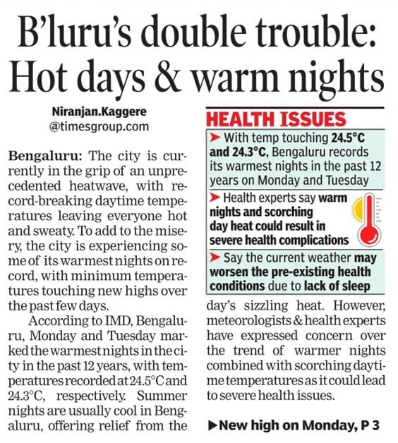 As if the rising day-time (max) temperature was not enough, #Bengaluru also witnessing warmer nights with night-time (min) temperature reaching new heights over the last two days. Summer nights R no longer cooler. @TOIBengaluru #Karnataka #Weather #Summer #Heatwave #Climate