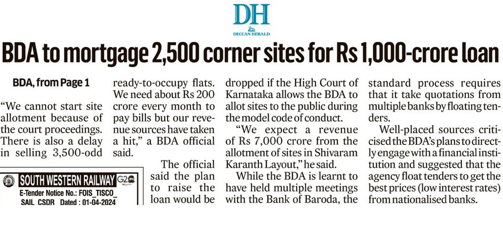 The BDA plans to borrow Rs 1,000 crore from the nationalised banks by mortgaging 2,500 corner sites in Nadaprabhu Kempegowda layout. This is a first for the BDA which has developed about 60 layouts so far. #Bengaluru