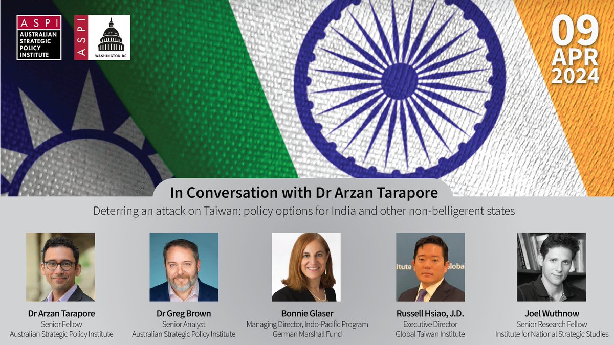 🚨 EVENT ALERT 🚨 @ASPI_DC will host a discussion exploring @arzandc's report ‘Deterring an attack on Taiwan’ on Tuesday 9 April! Join @arzandc, @BonnieGlaser, @lcrhsiao, @jwuthnow and @GregoryEssBrown in DC as they discuss the report and its key findings. Register now ➡️…