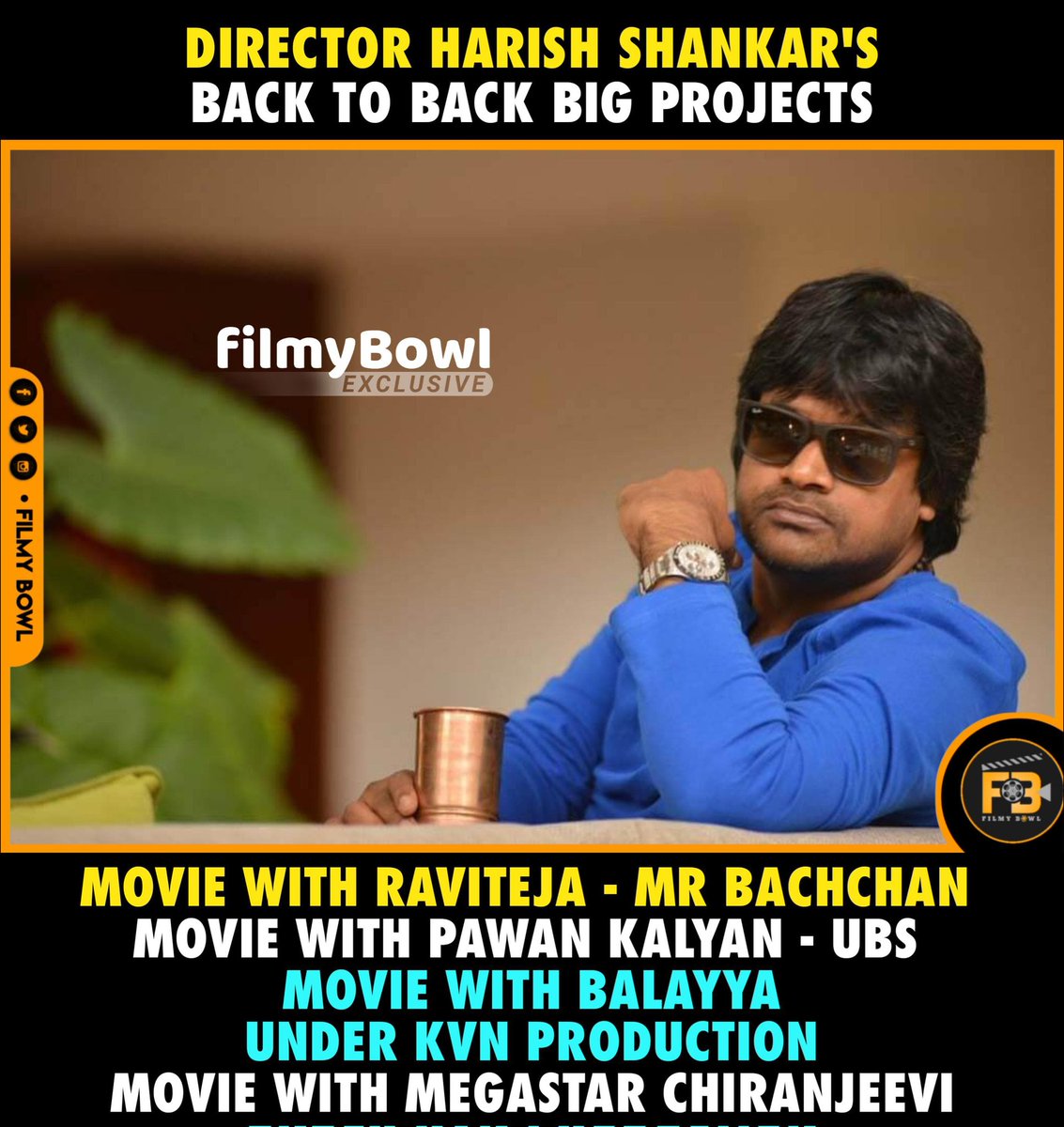 Director #HarishShankar back to back Big Projects..

#MrBachchan 
#UsthadBhagathSing 
#Nbk
#KVN Productions.
#MegaStarChiranjeevi