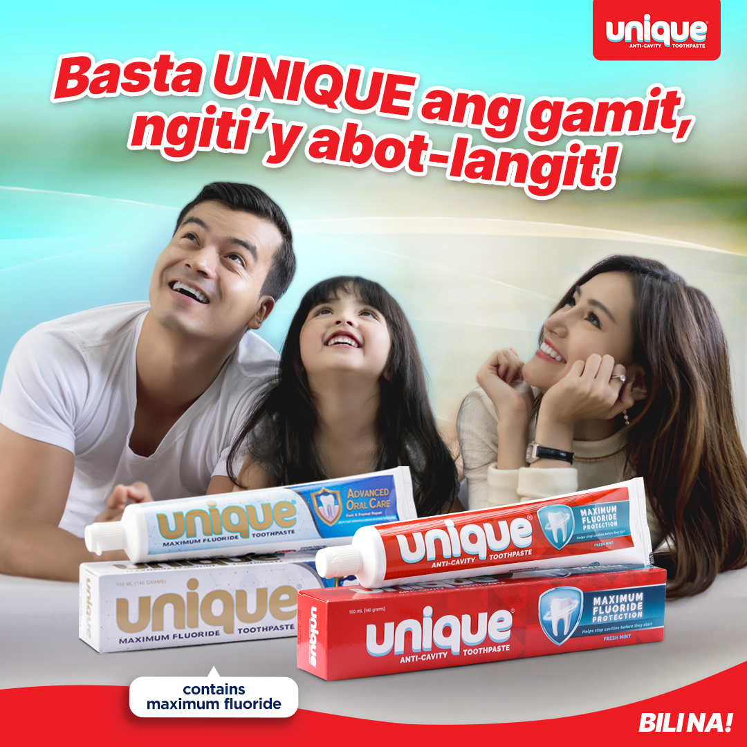 Para sa subok na dental care ng pamilya, mag-UNIQUE toothpaste na! 👍🏻 With its maximum fluoride protection, no more cavities and bad breath! Buy now at the nearest grocery stores and supermarkets! 🛒