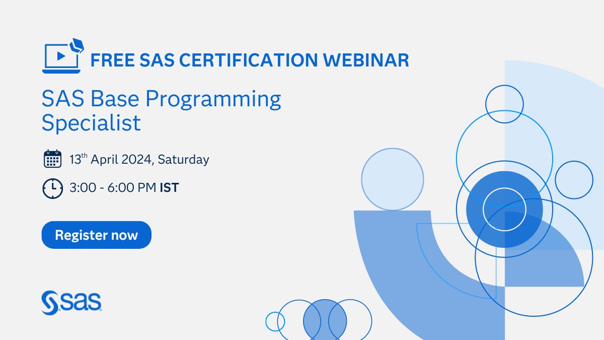 sasindia's tweet image. Take your SAS knowledge to the next level with our Base SAS Webinar, offering expert insights, hands-on practice, and tips to prepare for certification. Don't miss out on valuable information for exam success.
Register now.
2.sas.com/6017ZhVmT
#sascertified #sasprogramming