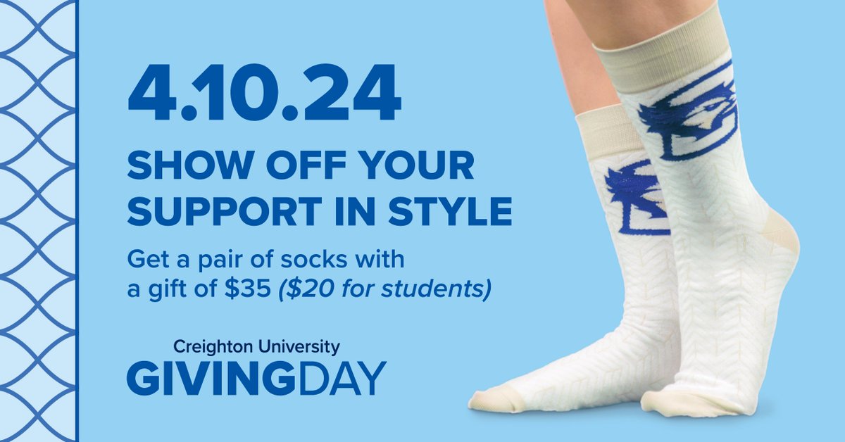 Reminder: Only one week left until Creighton’s Giving Day! Support your Bluejays with a gift of $35 or more on Giving Day, and you’ll receive a pair of limited-edition Creighton socks! Set a reminder to give on April 10. Check out areas of need: bit.ly/4a84jRL #JaysGive