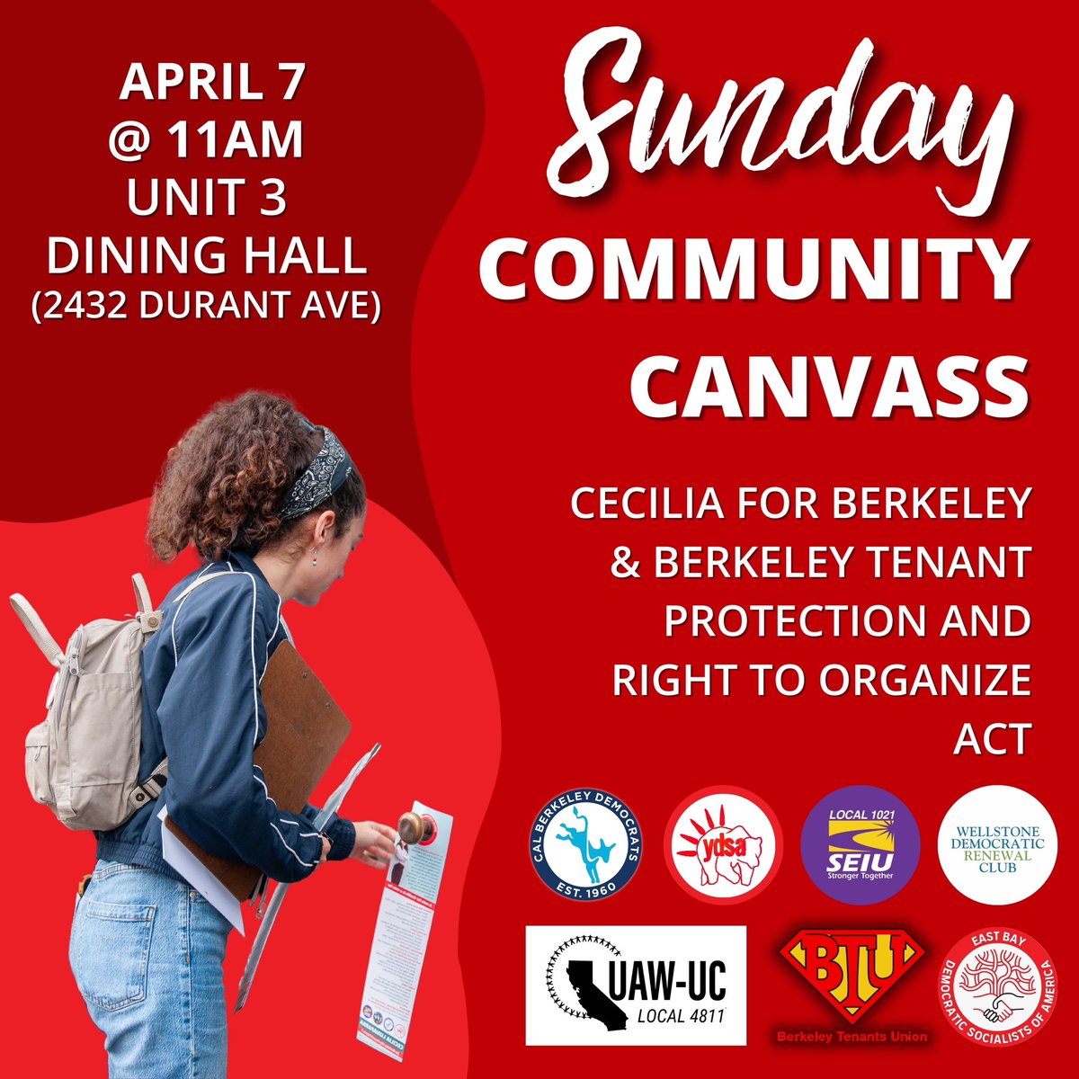 This Sunday, April 7, we need your help to canvass Unit 3, and to gather signatures for the Berkeley Tenant Protection and Right to Organize Act! Bring friends and a love for civic engagement at 11 AM, and receive free pizza and Cecilia door hangers. See you there! 🏘️❤️