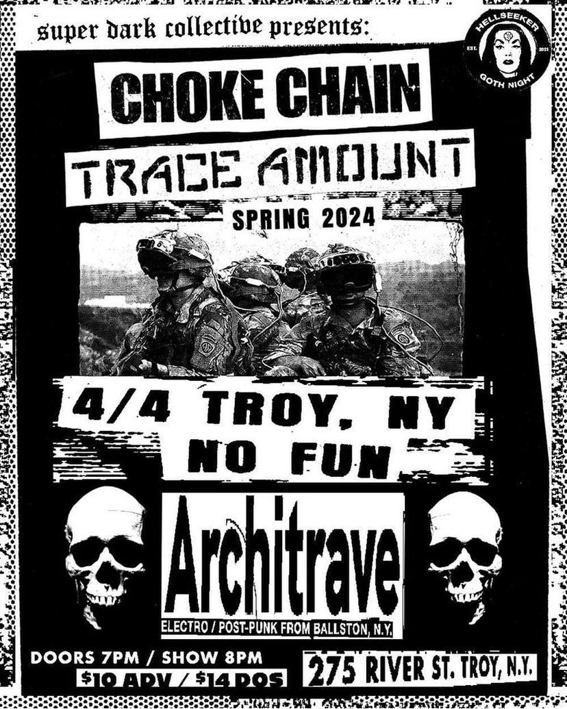 IT’S SUPER DARK THURSDAY AT @nofuntroy ! Tonight we have a heavy industrial meets post-punk & synthwave vibes with touring acts Choke Chain & @traceamountnyc and local support from @ArchitraveBand ! Pumped! 8pm!