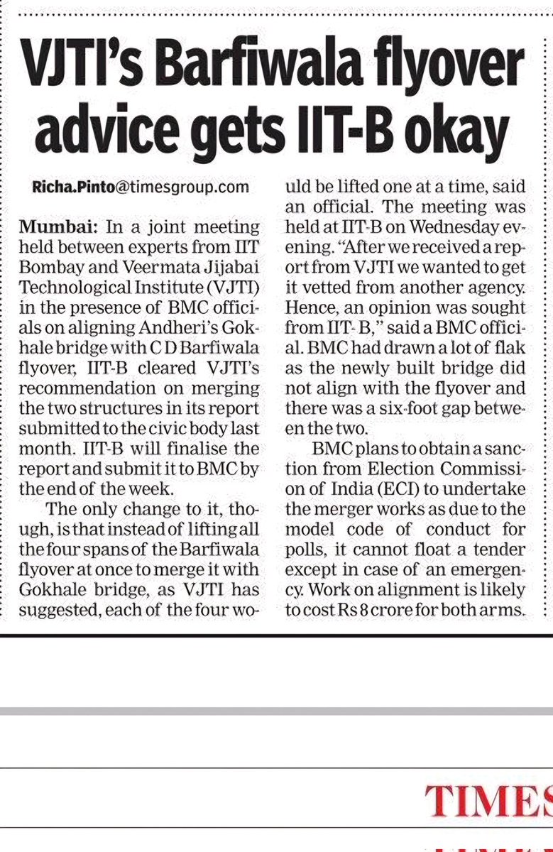 VJTI's Barfiwala Flyover advice Gets IIT-B okay 📰 @richapintoi Joint meeting with BMC cleared recco BMC plans to obtain Election commission sanction for tender Without which work will get postponed by several months @RatanSharda55 @Anujalankar9 @sredits @bytesofnews…