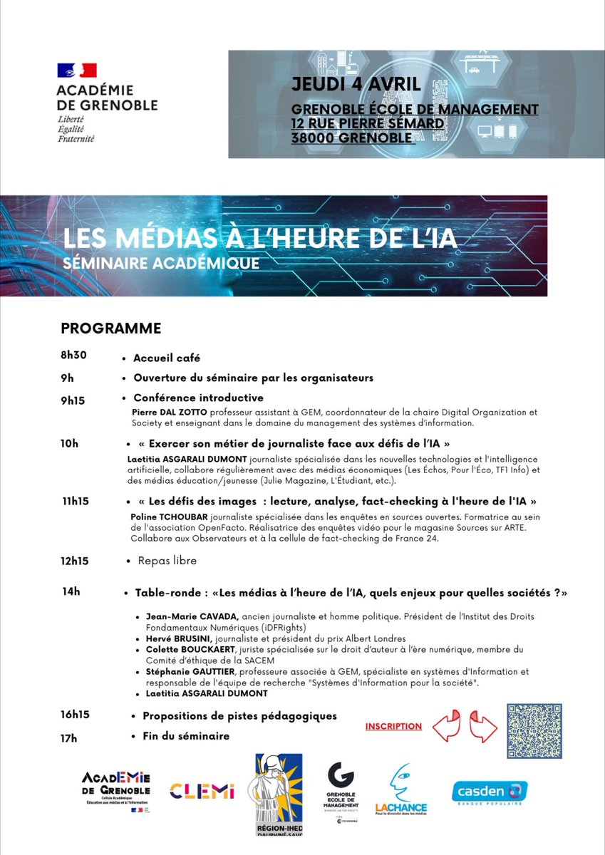 Très heureuse d'intervenir ce jeudi 4 avril sur demande de l’Académie de Grenoble pour le séminaire « Les médias à l'heure de l'IA ». Auprès de professeurs et d’étudiants, je vais partager mon expertise sur le métier de journaliste à l'heure des IA génératives 💡#IA @acgrenoble