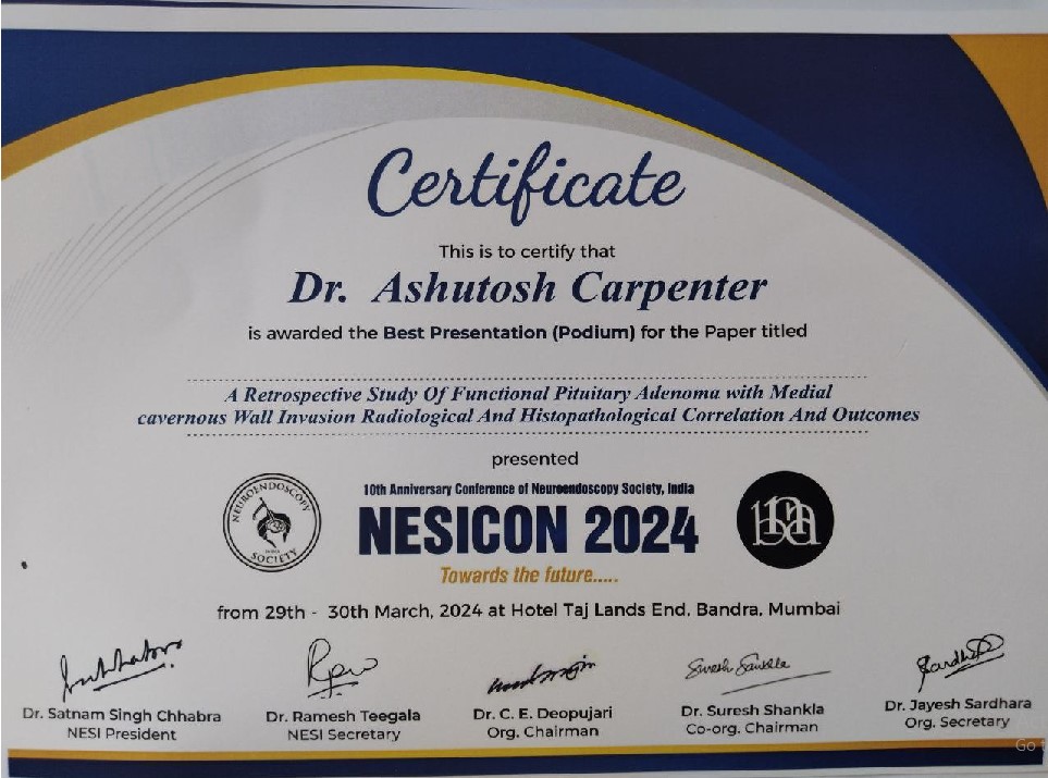 Congratulations👏 Dr Ashutosh Carpenter, Senior resident, Department of Neurosurgery, SCTIMST has been awarded the Best paper presentation (podium presentation) at NESICON 2024 (Neuro Endoscopic Society of India Conference) held at Mumbai 29- 30th March-2024.💐