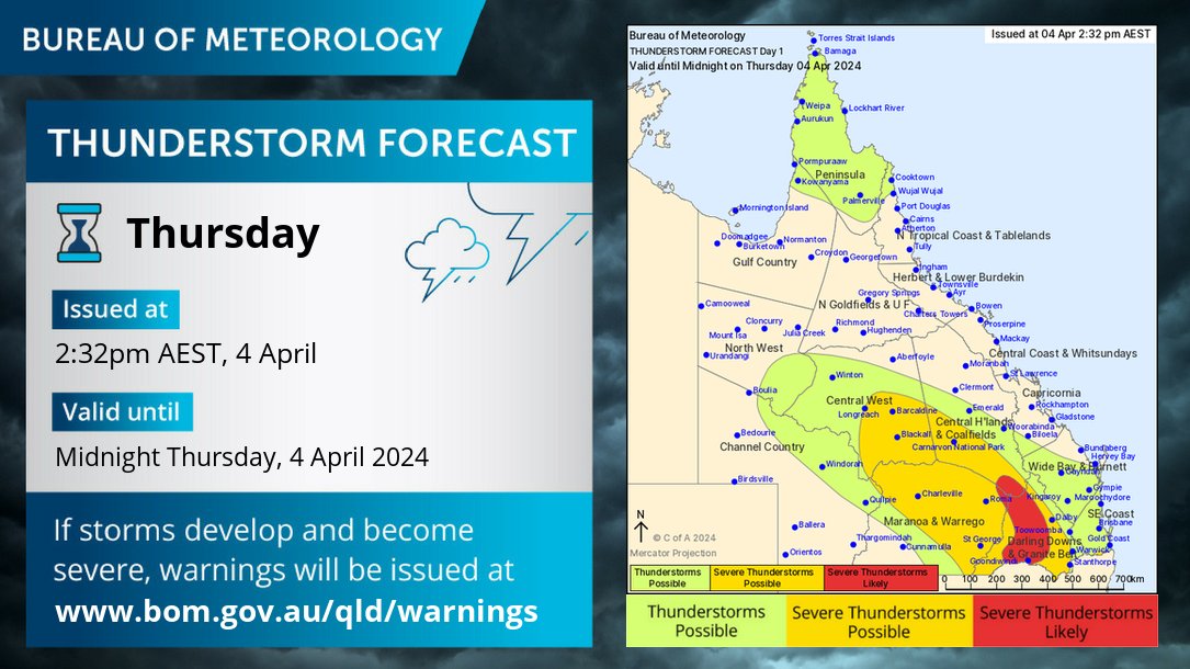 BOM_Qld's tweet photo. ⛈️Updated Thunderstorm forecast for today: Severe thunderstorms are likely over the western Darling Downs and Granite Belt. Heavy to locally intense rainfall that may lead to life threatening flash flooding possible. Latest warnings:https://t.co/DRO96AcYFF https://t.co/nrrGyQFoio