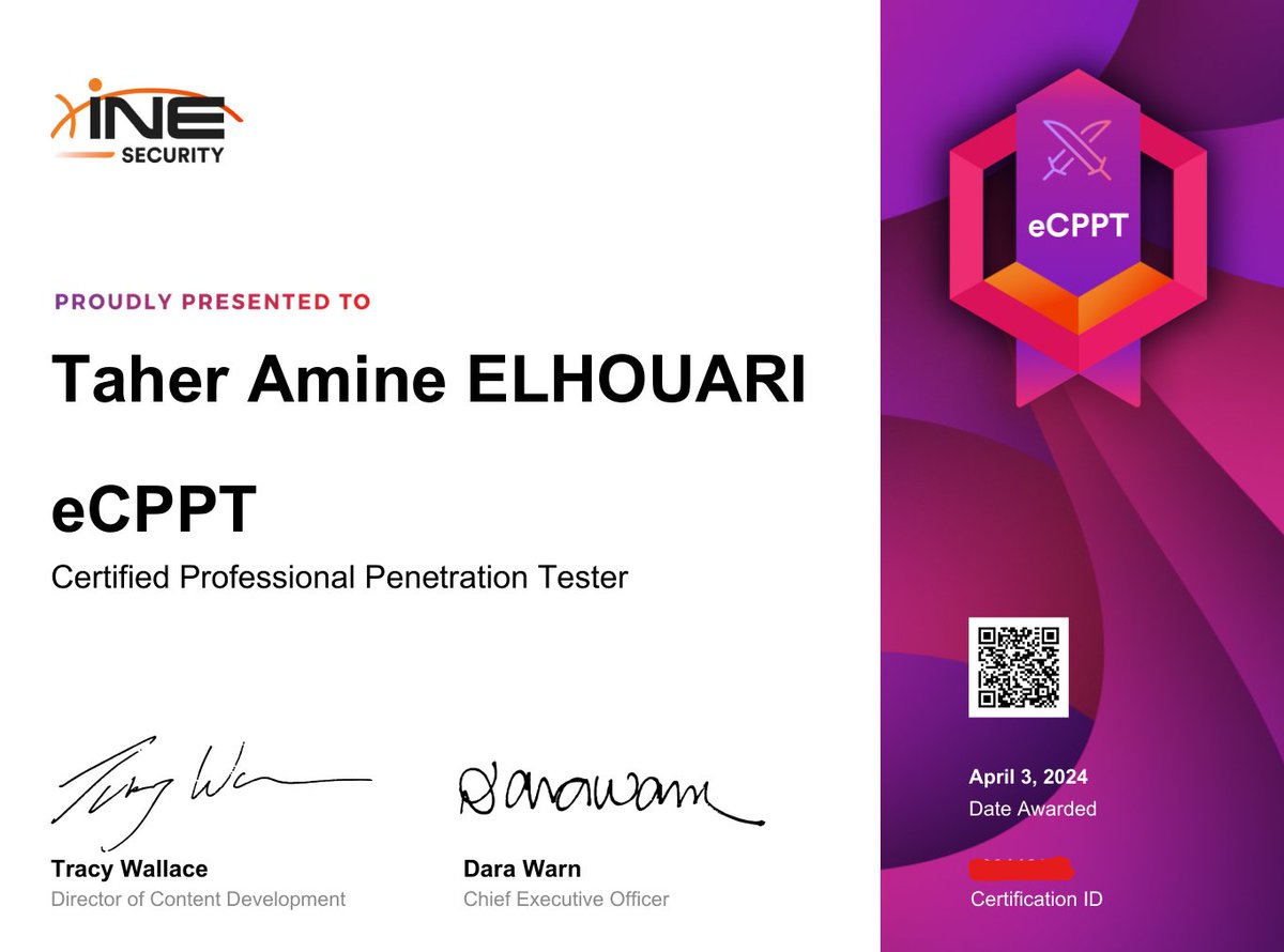 MrTaherAmine's tweet image. I’ve obtained a new certification: Certified Professional Penetration Tester (eCPPTv2) from INE Security (FKA eLearnSecurity)!

#eCPPTv2 #Certification #OffensiveSecurity #InfoSec #ProfessionalDevelopment #eCPPT #RedTeam #PenTest #CyberSecurity #InformationSecurity #CyberSec