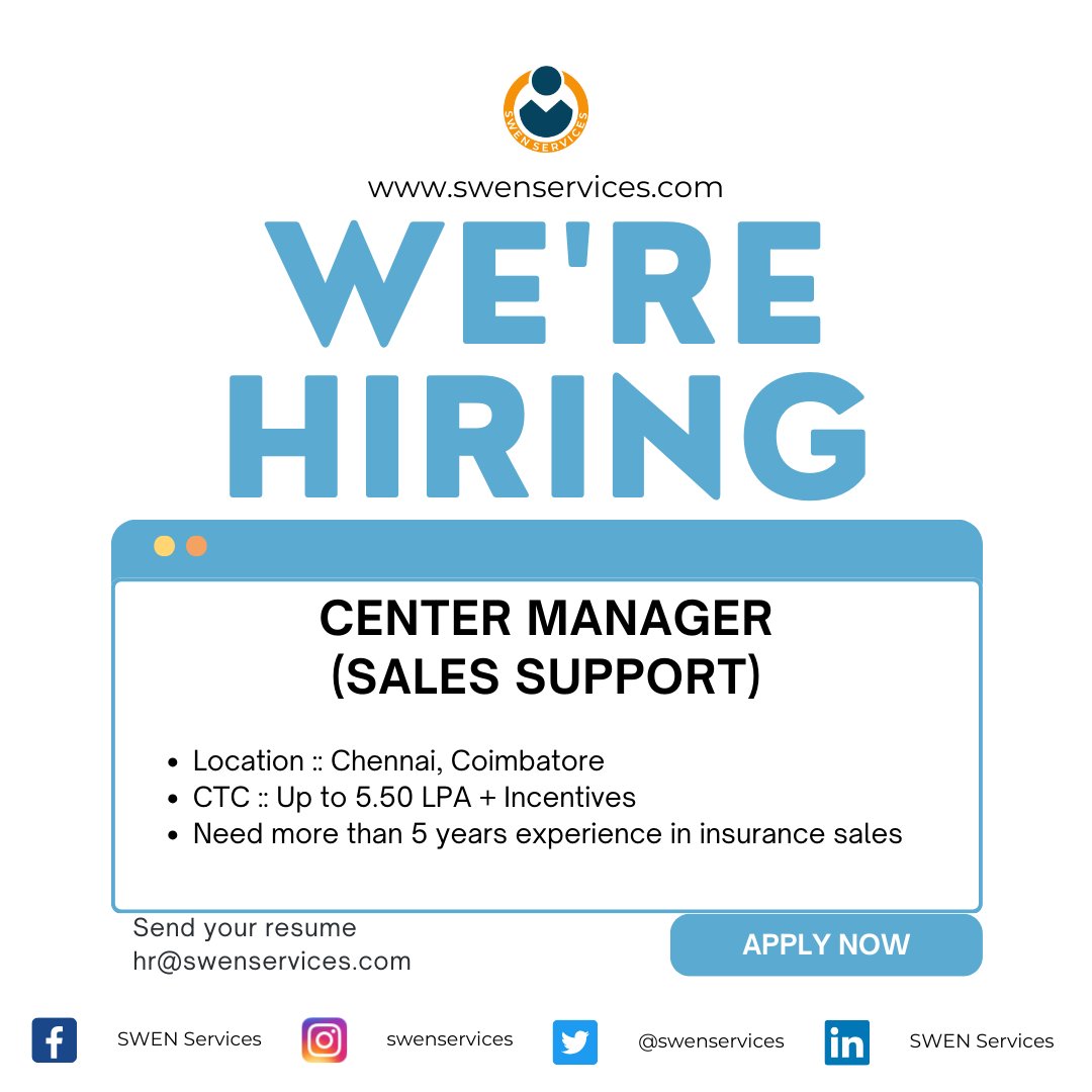Swenservices's tweet image. #centermanager #salesupport
#chennaijobs #coimbatorejobs
Here is the best in class sales support role
Come and join us.
If you have more than 5 years of sales experience in insurance, you are best suitable for this position.
#swenservices #urgenthiring #immediate #jobopening