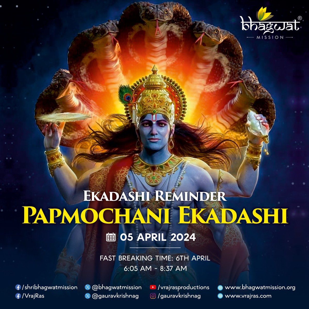 🔔Ekadashi Reminder🔔 Tomorrow is Papmochani Ekadashi, which means 'removal of sins'. May all of our misgivings - committed knowingly or unknowingly be removed through this pious fast. Shri Radhe! #Ekadashi