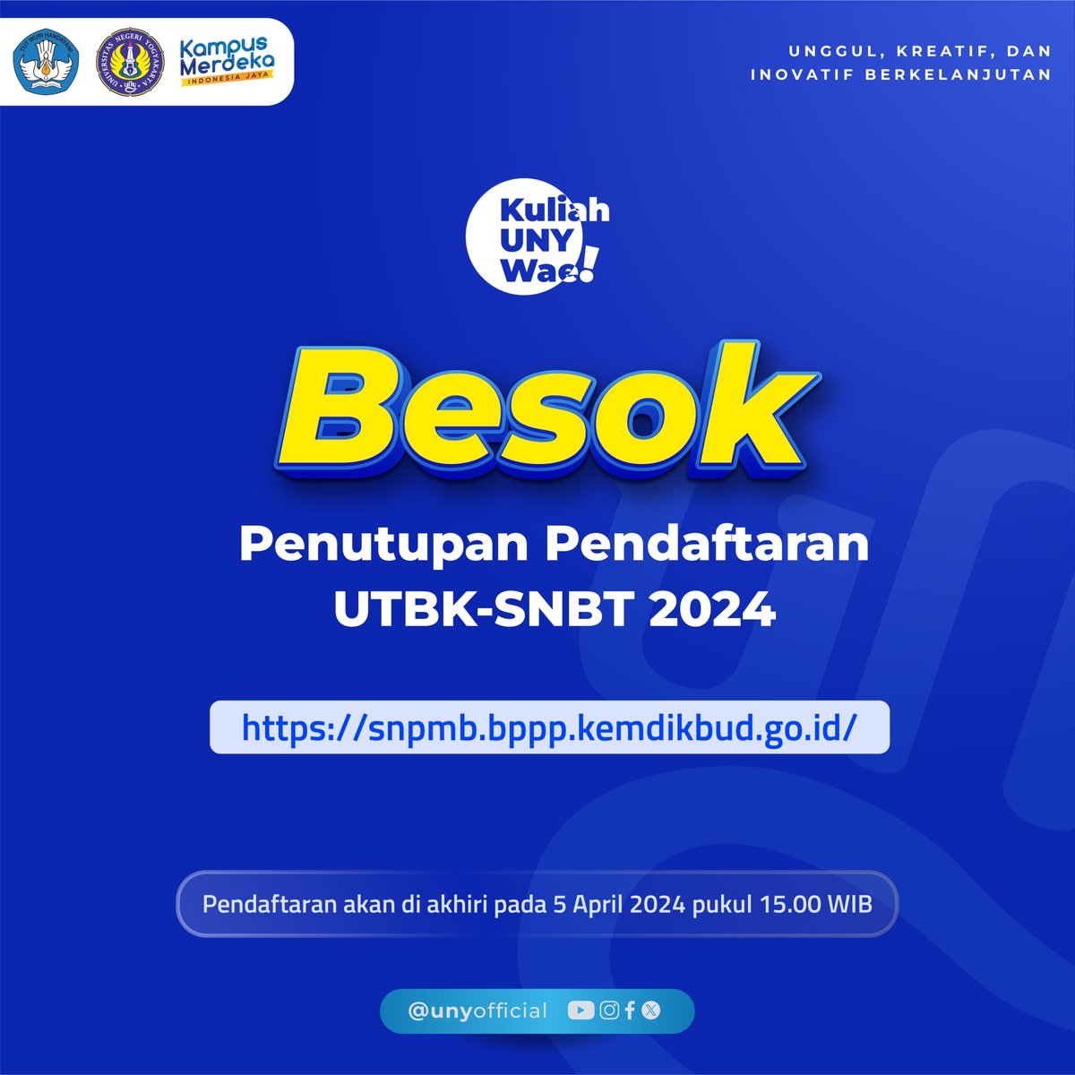 💙BESOK PENDAFTARAN SNBT 2024 DITUTUP💙 Halo Calon Mahasiswa Indonesia! Pendaftaran UTBK-SNBT 2024 akan SEGERA berakhir! Bagi kamu yang tidak lulus SNBP dapat melakukan pendaftaran SNBT sampai tanggal 05 April 2024, pukul 15.00 WIB Jangan sampai kelewatan!🥰