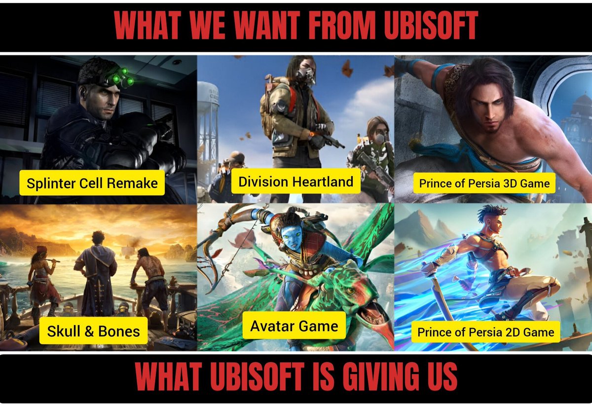 hmgamesnsoftwa1's tweet image. What we Want From @Ubisoft and What they are Giving us 😏

#Ubisoft #splintercellremake #princeofpersia #pop #divisionheartland #ubisoftgames #gamingmemes #UnrealEngine5 #pcgaming #gamingcommunity #memes #gamingvideos