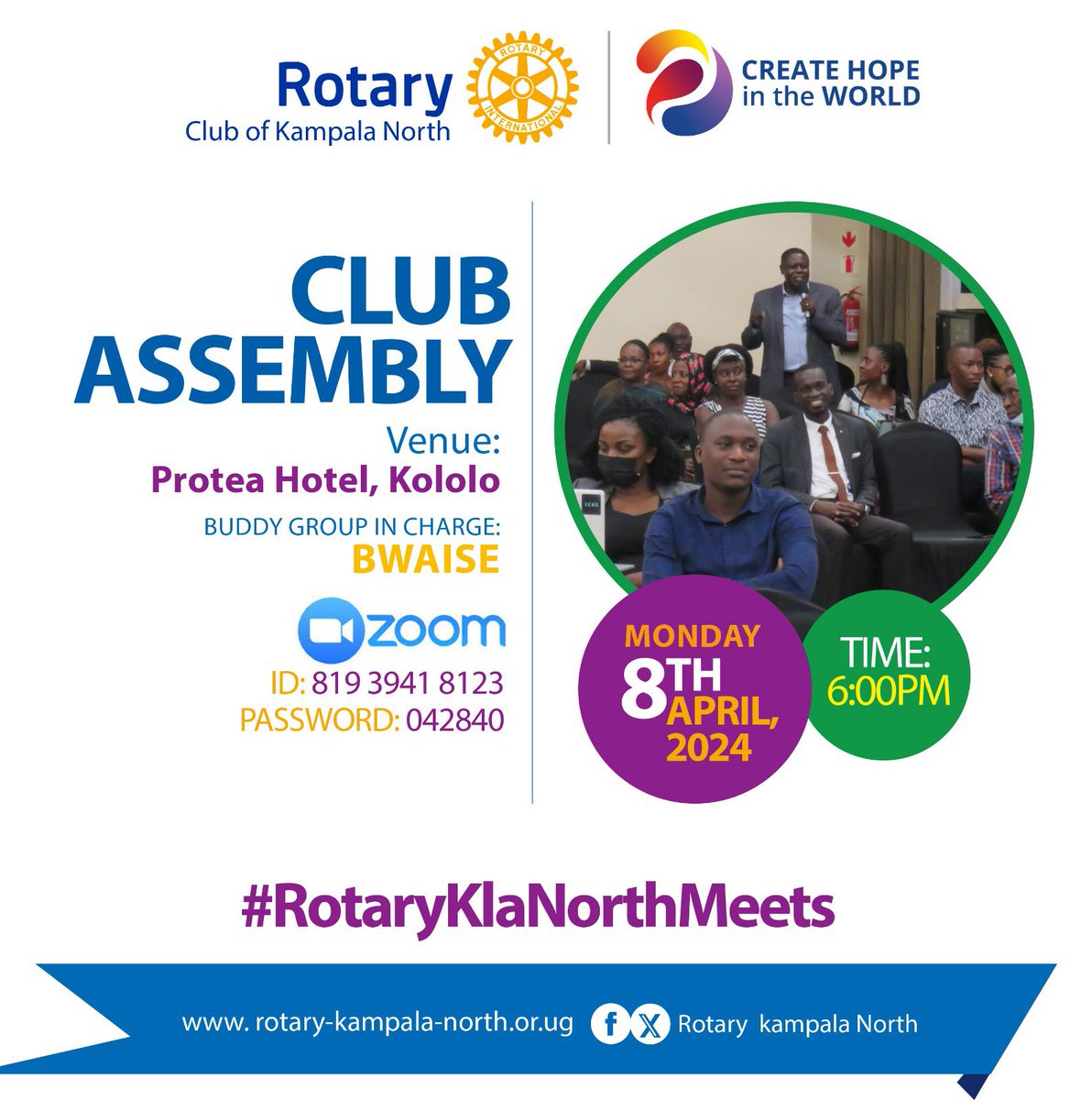 Make a date with us this Monday at #RotaryKlaNorthMeets as we host our Open club assembly at @ProteaKampalaH. Just tag along with a friend 😎