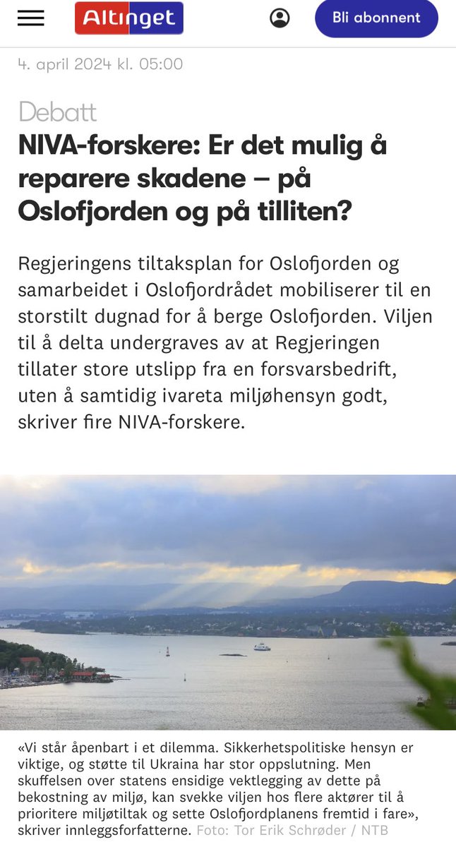 Sammen med @NIVAforskning kolleger; @FroukjePlatjouw, #SaskiaTrubbach & @GunnarSander, uttrykker jeg bekymring for Oslofjordplanens og - rådets framtid pga. @BjellandEriksen’s @Chemring Nobel-håndtering, og som konsekvens - bekymring for Oslofjorden. altinget.no/artikkel/niva-…