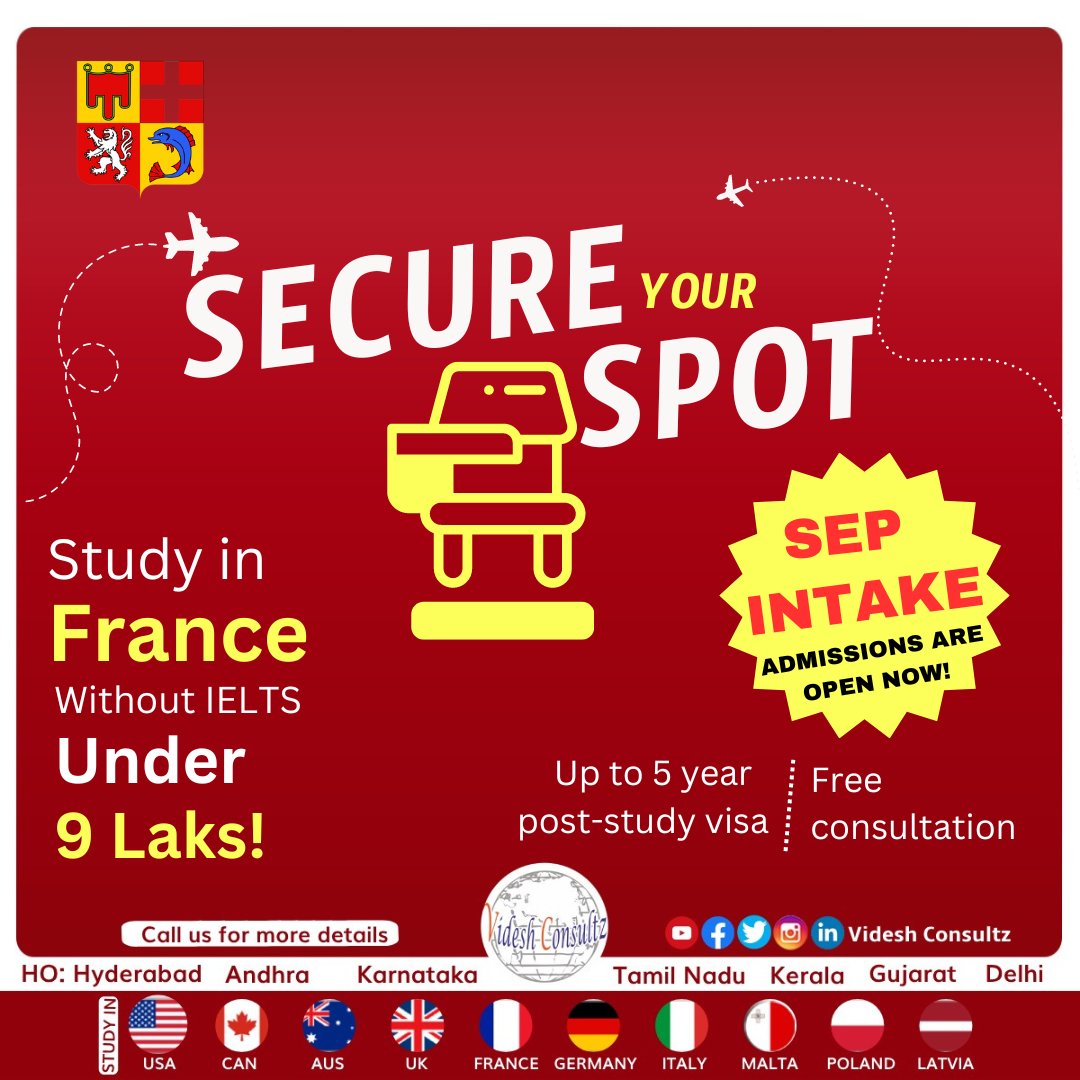 Study in France for less than 9 lakhs, no IELTS required!
Videshconsultz.com 

#StudyInFrance #videshconsultz #topuniversities #admissions2024 #2024intake #studentvisa #france #overseaseducation #bestconsultancy #SEP2024 #NoIELTS
