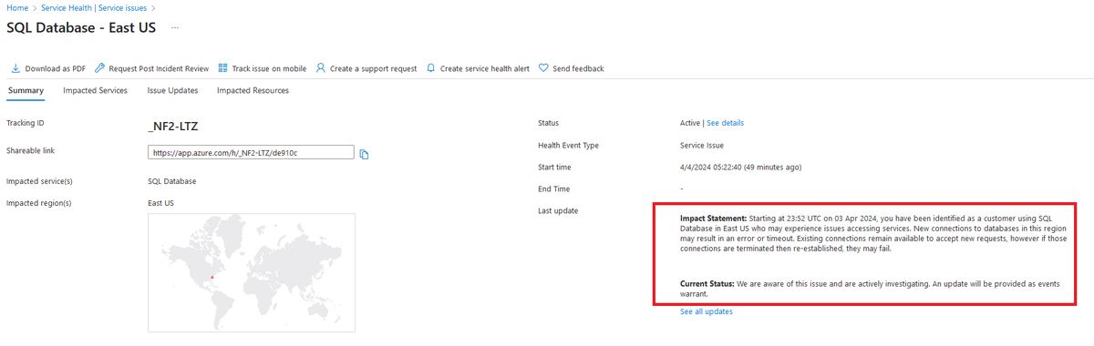 KiranBeladiya's tweet photo. Multiple #Azure customers reported the #AzureSQL in #EastUS region on is down. It is also reported on Azure Service Health board. #AzureDown #AzureSQLDown https://t.co/LyABTUKGjr